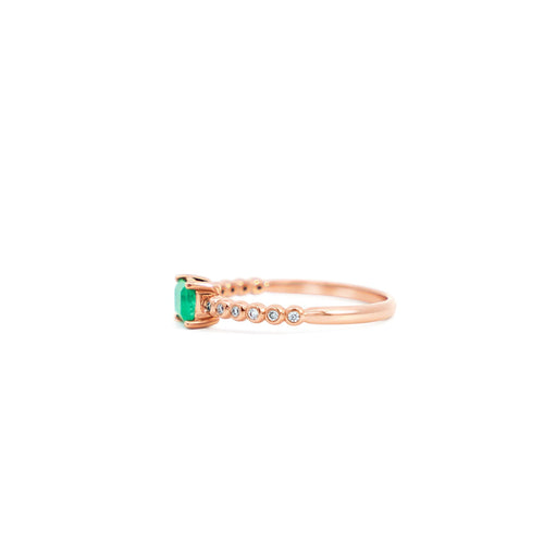 Natural Emerald and Diamond Ribbed Shank Thin Stacking Ring in 18K Rose Gold