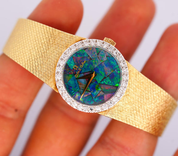 Omega 23mm Fire Black Opal Dial & Diamond Bezel 14K Gold Vintage Watch