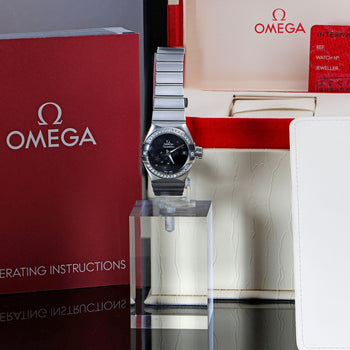Omega Constellation 27mm Diamond Bezel Black Star Dial Steel Watch 2022 Full Set – Assay Jewelers