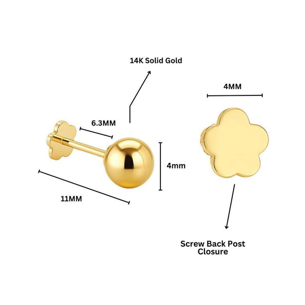 Reversible 4mm 14K Gold Ball Stud & Clover Screw Back Single Stud Earring