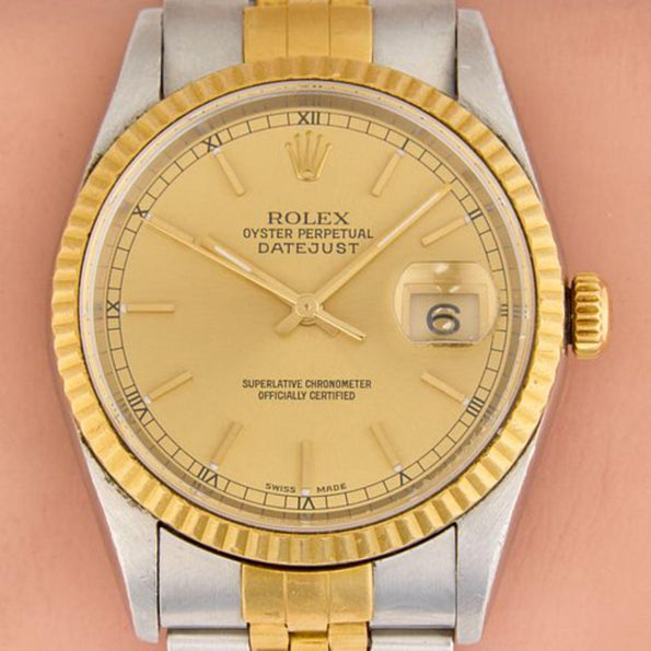 Rolex Datejust 16233 Champagne Dial Fluted Bezel On Jubilee Watch Full Set