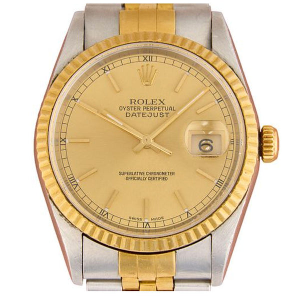 Rolex Datejust 16233 Champagne Dial Fluted Bezel On Jubilee Watch Full Set