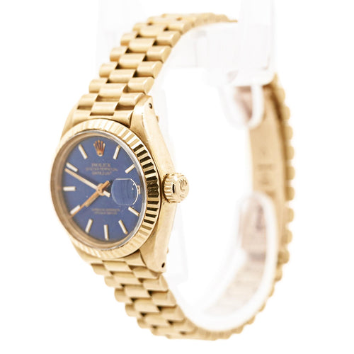 Rolex Lady DateJust 6917 Blue Dial 18K Gold President Bracelet Watch