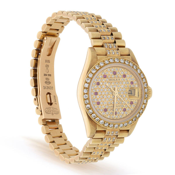 Rolex Lady Datejust 26mm 18K Yellow Gold Diamond Ruby Pave Dial President Watch