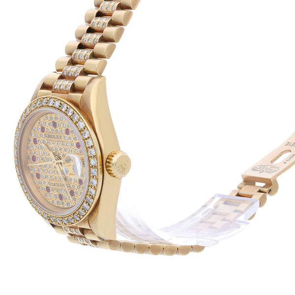 Rolex Lady Datejust 26mm 18K Yellow Gold Diamond Ruby Pave Dial President Watch