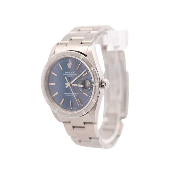 Rolex OP Date 15210 Steel Blue Dial Engine Turned Bezel Watch