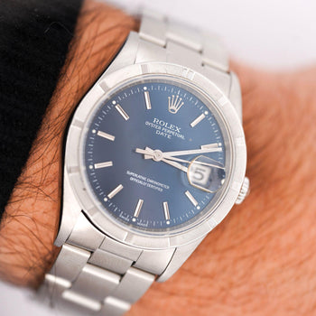 Rolex OP Date 15210 Steel Blue Dial Engine Turned Bezel Watch – Assay Jewelers