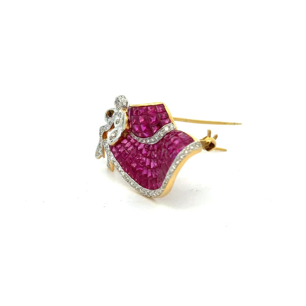 Ruby & Diamond Hat Motif 18K Yellow Gold Convertible Brooch Pin Pendant