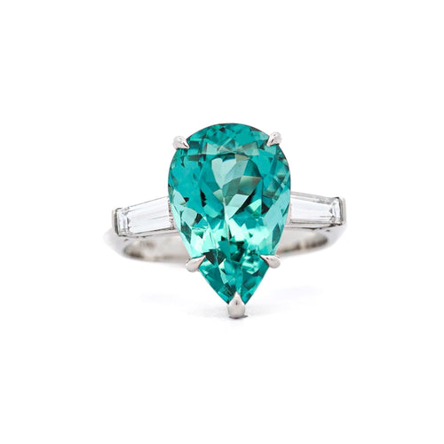 Tiffany & Co. 6.5 Carat Pear Cut Green-Blue Tourmaline and Diamond Platinum Ring