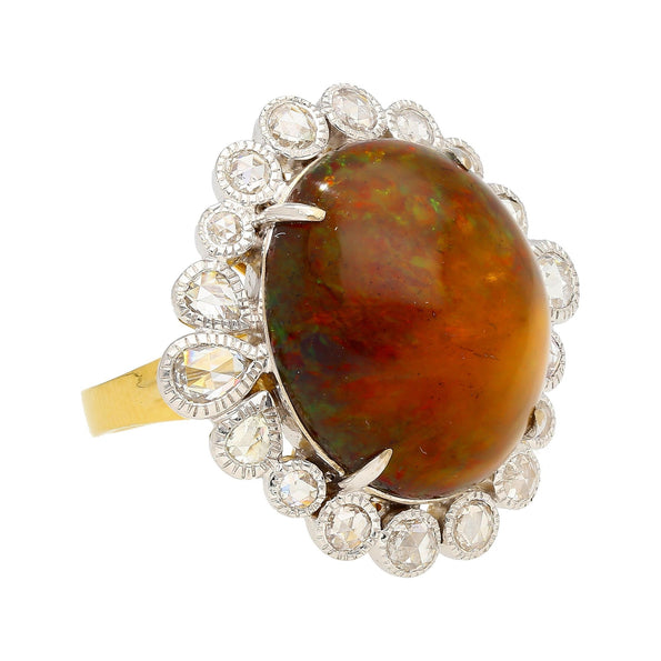 Vintage 11.36 Carat Opal and Briolette/Rose Cut Diamond Halo 18K Gold Ring