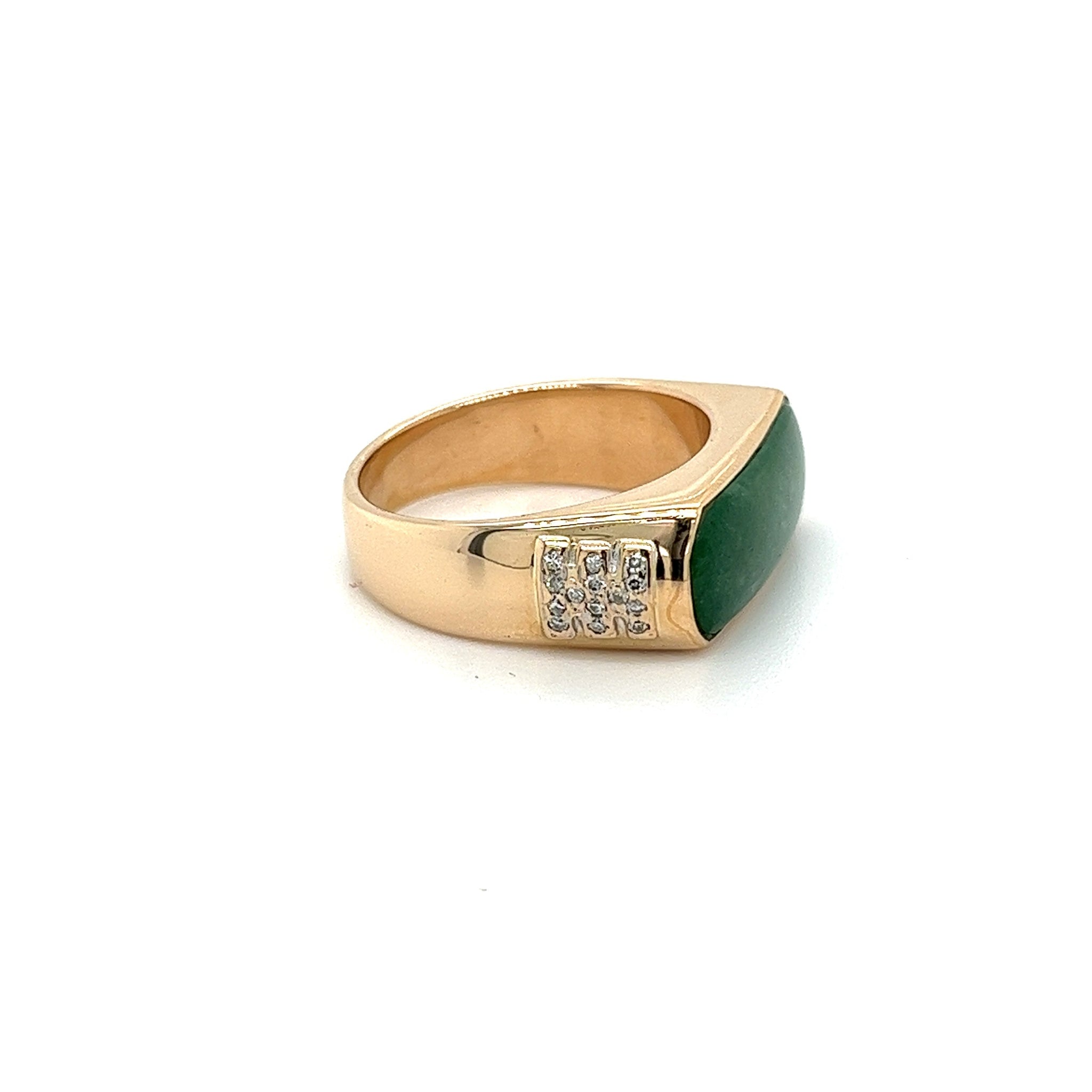 Vintage 18K Yellow Gold Jadeite Jade and 0.20 CTW Diamond Horizontal Wide Face Unisex Ring