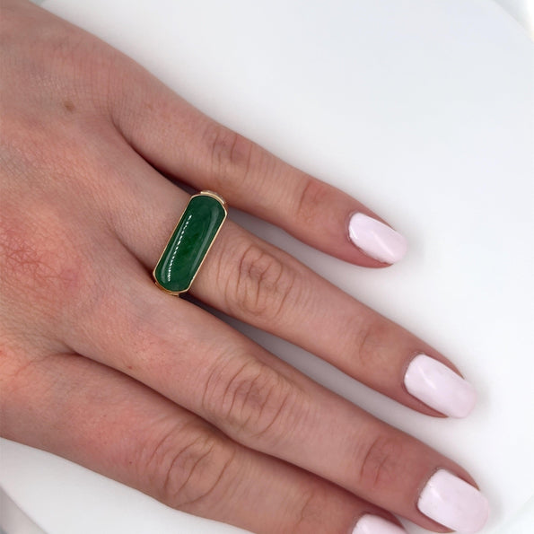 Bague unisexe Anciens en or jaune 18K, jade jadéite et diamants 0,20 CTW, large face horizontale