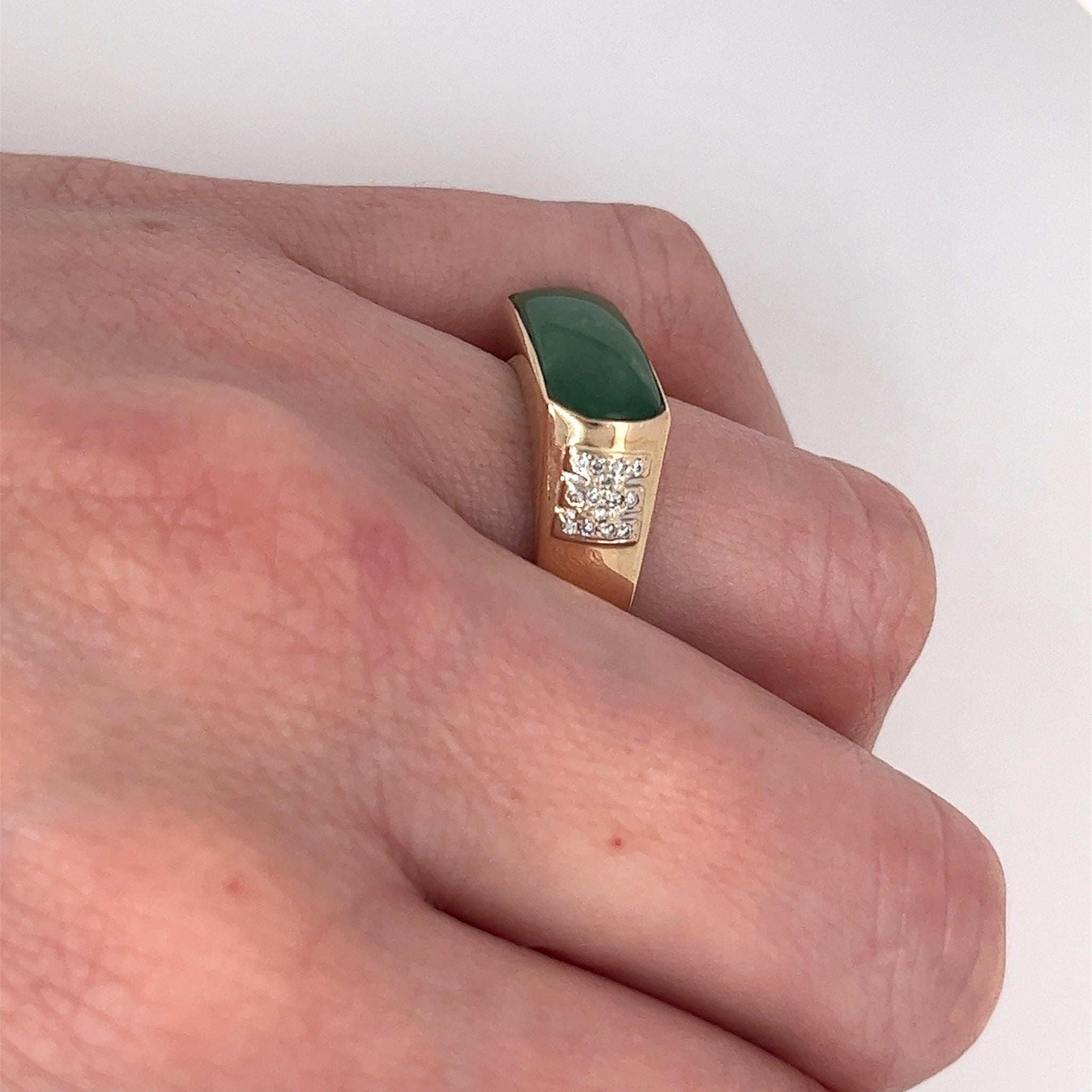 Vintage 18K Yellow Gold Jadeite Jade and 0.20 CTW Diamond Horizontal Wide Face Unisex Ring