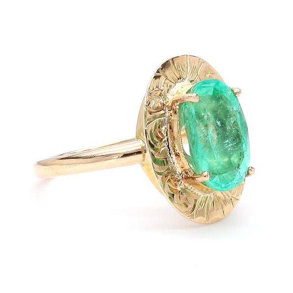 Vintage 2.24 Carat Oval Light Green Emerald 14K Gold Engraved Disc Ring