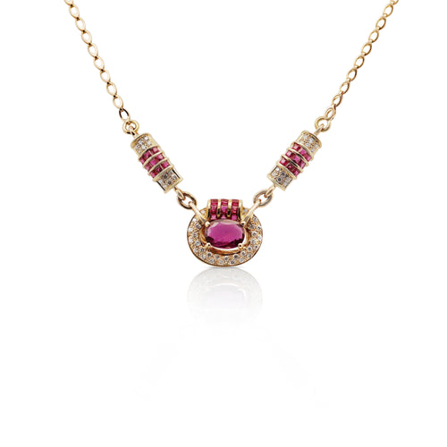 Vintage 2.70 Carat Oval Cut Ruby & Diamond 14K Gold Retro Pendant Necklace