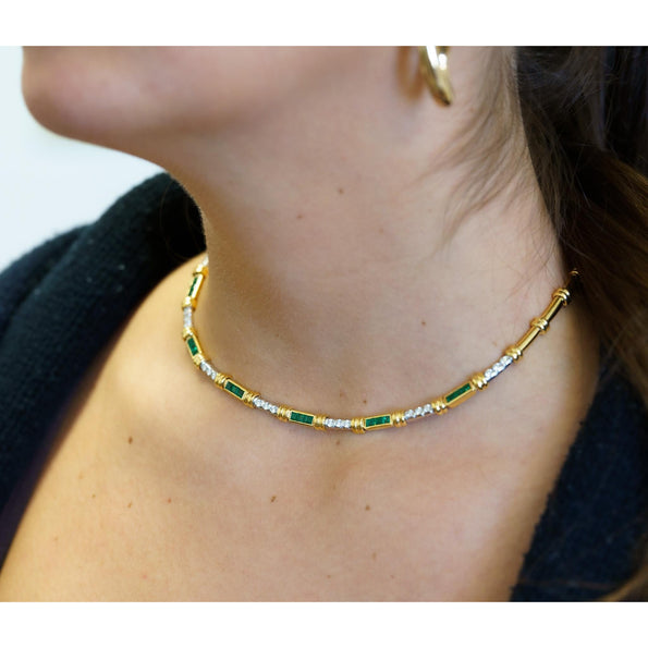 Vintage 4 Carat Channel Set Colombian Emerald & Diamond Chocker Necklace