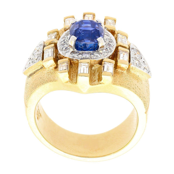 Vintage 4.57 Carat Blue Sapphire & Baguette Diamond Mens Matte Finish Gold Ring