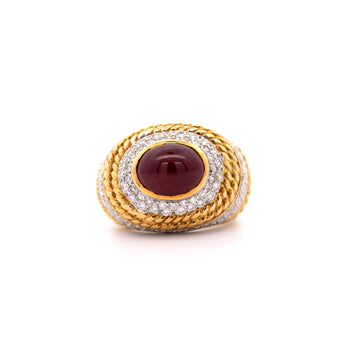 Vintage 5 Carat Cabochon Ruby, Diamond and 18K Gold Retro Bezel Rope Style Ring – Assay Jewelers