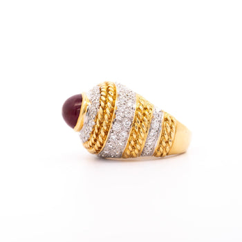 Vintage 5 Carat Cabochon Ruby, Diamond and 18K Gold Retro Bezel Rope Style Ring – Assay Jewelers