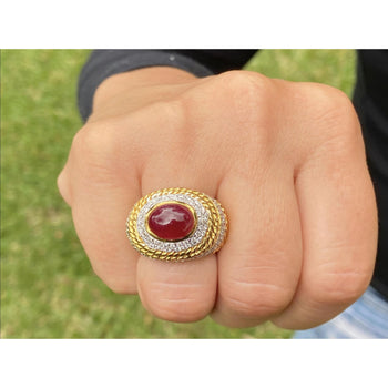Vintage 5 Carat Cabochon Ruby, Diamond and 18K Gold Retro Bezel Rope Style Ring – Assay Jewelers