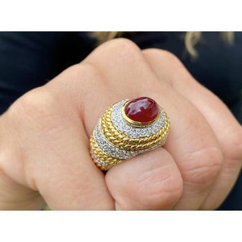 Vintage 5 Carat Cabochon Ruby, Diamond and 18K Gold Retro Bezel Rope Style Ring – Assay Jewelers