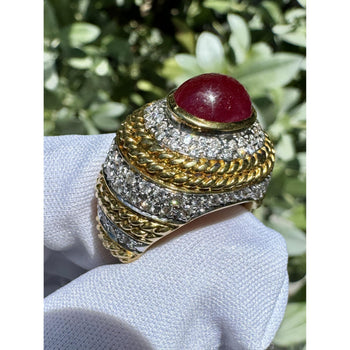 Vintage 5 Carat Cabochon Ruby, Diamond and 18K Gold Retro Bezel Rope Style Ring – Assay Jewelers