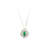 Vintage Art Nouveau Style Carved 18K White Gold Pendant Necklace With Shield Cut Emerald and Diamond Side Stones