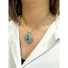 Vintage Art Nouveau Style Carved 18K White Gold Pendant Necklace With Shield Cut Emerald and Diamond Side Stones