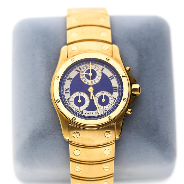 Vintage Cartier Ronde Blue Chronograph 18K Gold 30mm Watch