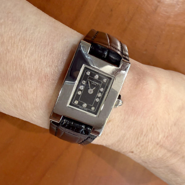 Vintage Chaumet Still de Chaumet Diamond Dial Steel Quartz Black Strap Watch