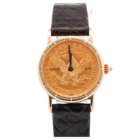 Vintage Corum 1899 5-Dollar USA Gold Coin Watch Face in Original Box with Crocodile Strap