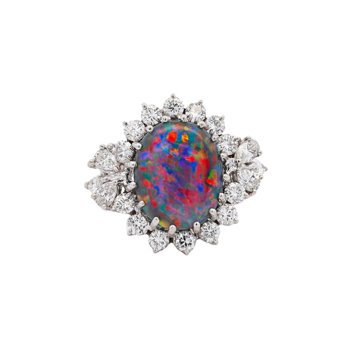 Vintage GIA Certified Black Opal Mixed Cut Diamond Halo 14K Cocktail Ring