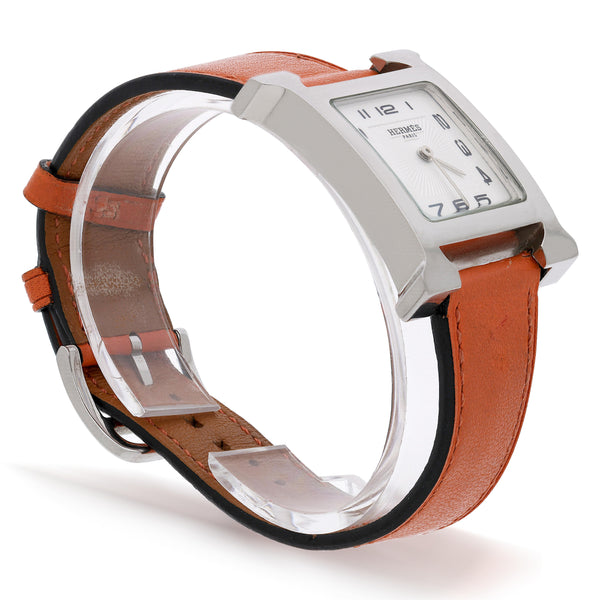 Vintage Hermes Heure H 30mm Steel White Dial Orange Swift Strap Quartz Watch