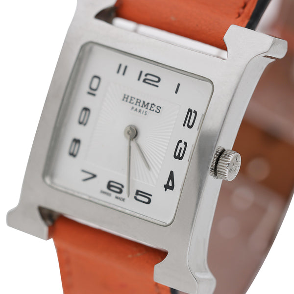 Vintage Hermes Heure H 30mm Steel White Dial Orange Swift Strap Quartz Watch