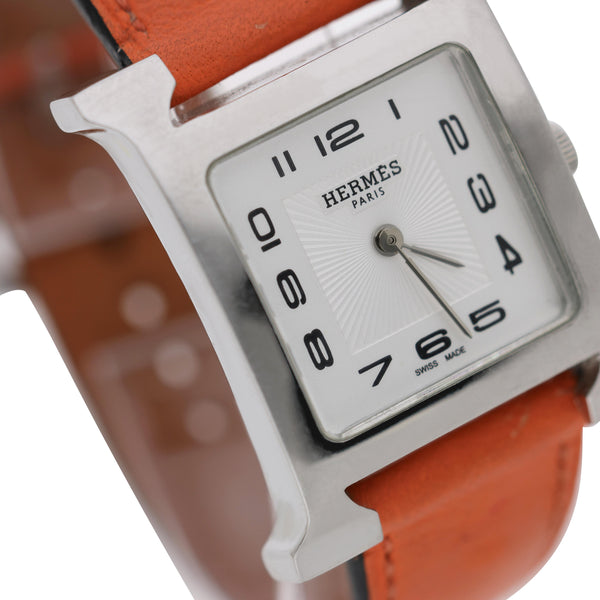 Vintage Hermes Heure H 30mm Steel White Dial Orange Swift Strap Quartz Watch
