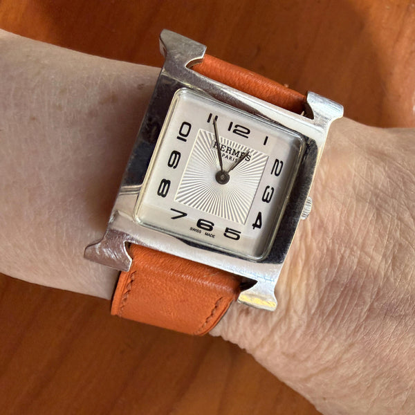 Vintage Hermes Heure H 30mm Steel White Dial Orange Swift Strap Quartz Watch
