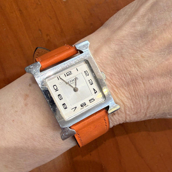 Vintage Hermes Heure H 30mm Steel White Dial Orange Swift Strap Quartz Watch