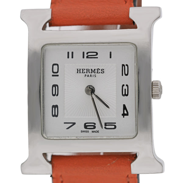 Vintage Hermes Heure H 30mm Steel White Dial Orange Swift Strap Quartz Watch