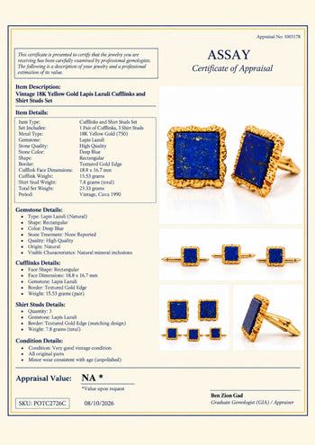 Vintage Lapis Lazuli Textured 18K Gold Cufflinks & Shirt Stud Set – Assay Jewelers