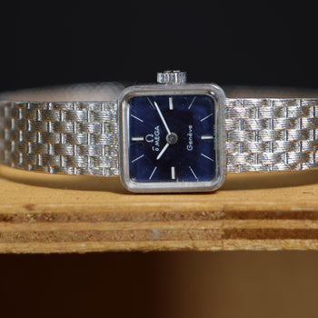 Vintage Omega Geneve Ladies 18K White Gold Blue Dial Square Mesh Bracelet Watch – Assay Jewelers