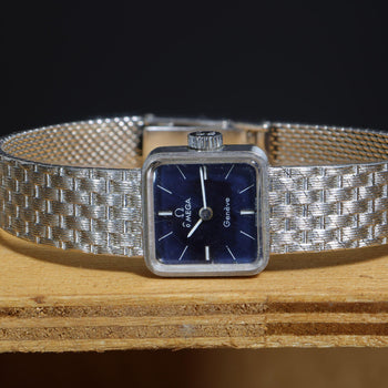 Vintage Omega Geneve Ladies 18K White Gold Blue Dial Square Mesh Bracelet Watch – Assay Jewelers