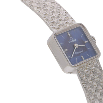 Vintage Omega Geneve Ladies 18K White Gold Blue Dial Square Mesh Bracelet Watch – Assay Jewelers