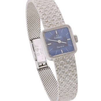 Vintage Omega Geneve Ladies 18K White Gold Blue Dial Square Mesh Bracelet Watch – Assay Jewelers
