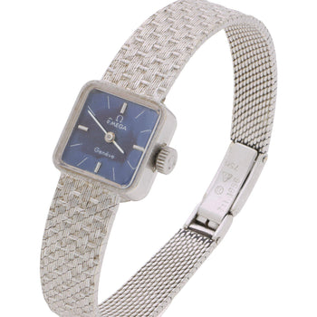 Vintage Omega Geneve Ladies 18K White Gold Blue Dial Square Mesh Bracelet Watch – Assay Jewelers