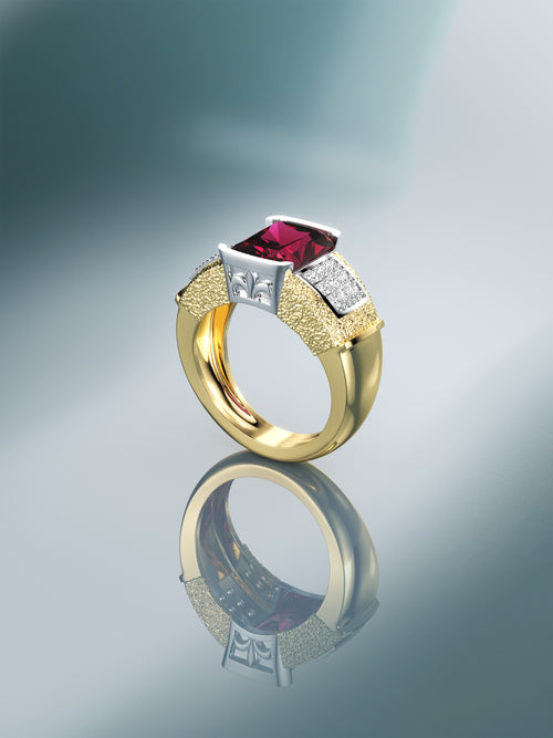 Vintage Radiant Cut 4.50 Carat Red Rubellite Tourmaline and Diamond Ring in Platinum and 18K Gold