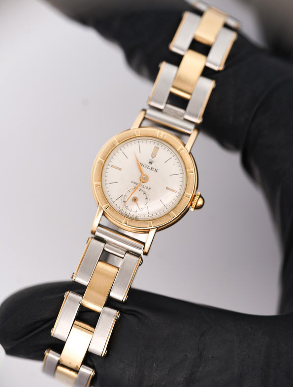 Vintage Rolex Precision 2-Tone Manual Wind Flex Stretch Bracelet Ladies Watch