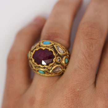 Vintage Ruby Rose Cut Diamond & Turquoise 18K Gold Ring – Assay Jewelers