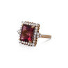 Vivid Pink 7 Carat Radiant Cut Tourmaline Ring with Round Diamond Halo in 18K Gold