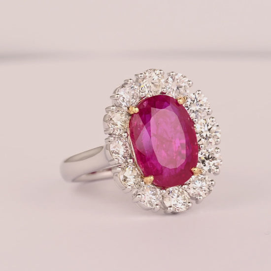 6.45 Carat No-Heat Burma Ruby Oval Cut & Round Diamond Halo Ring