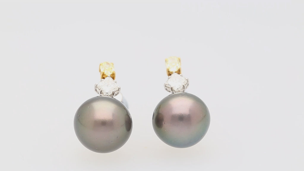 Black Pearl with Fancy Yellow & White Lily Cut Diamond Drop Earrings